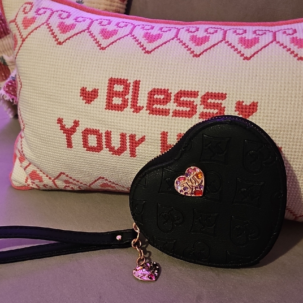 Black Juicy Couture Heart-Shaped Wristlet Clutch with Decorative Heart Accent